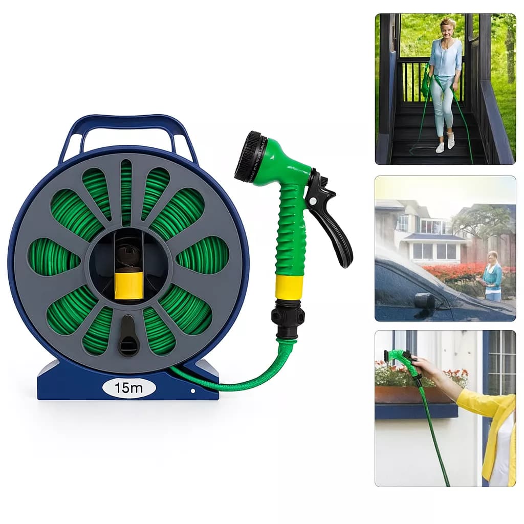 Садовий шланг для поливу 15 м у котушці з розпилювачем на 7 режимів